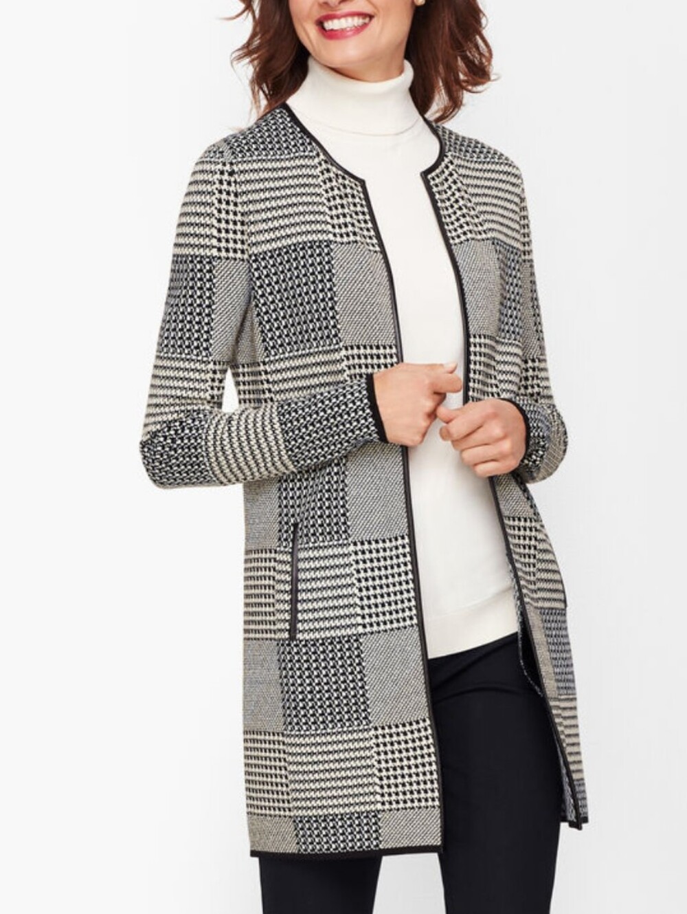 TALBOTS medium Houndstooth Patchwork Open Knit Cardigan Sweater Black White